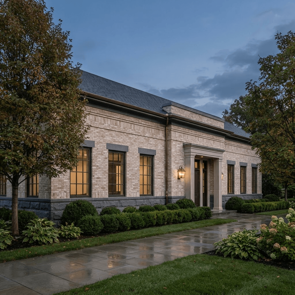 Armonk Professional Center building at dusk, the campus operated by Sovereign Shells